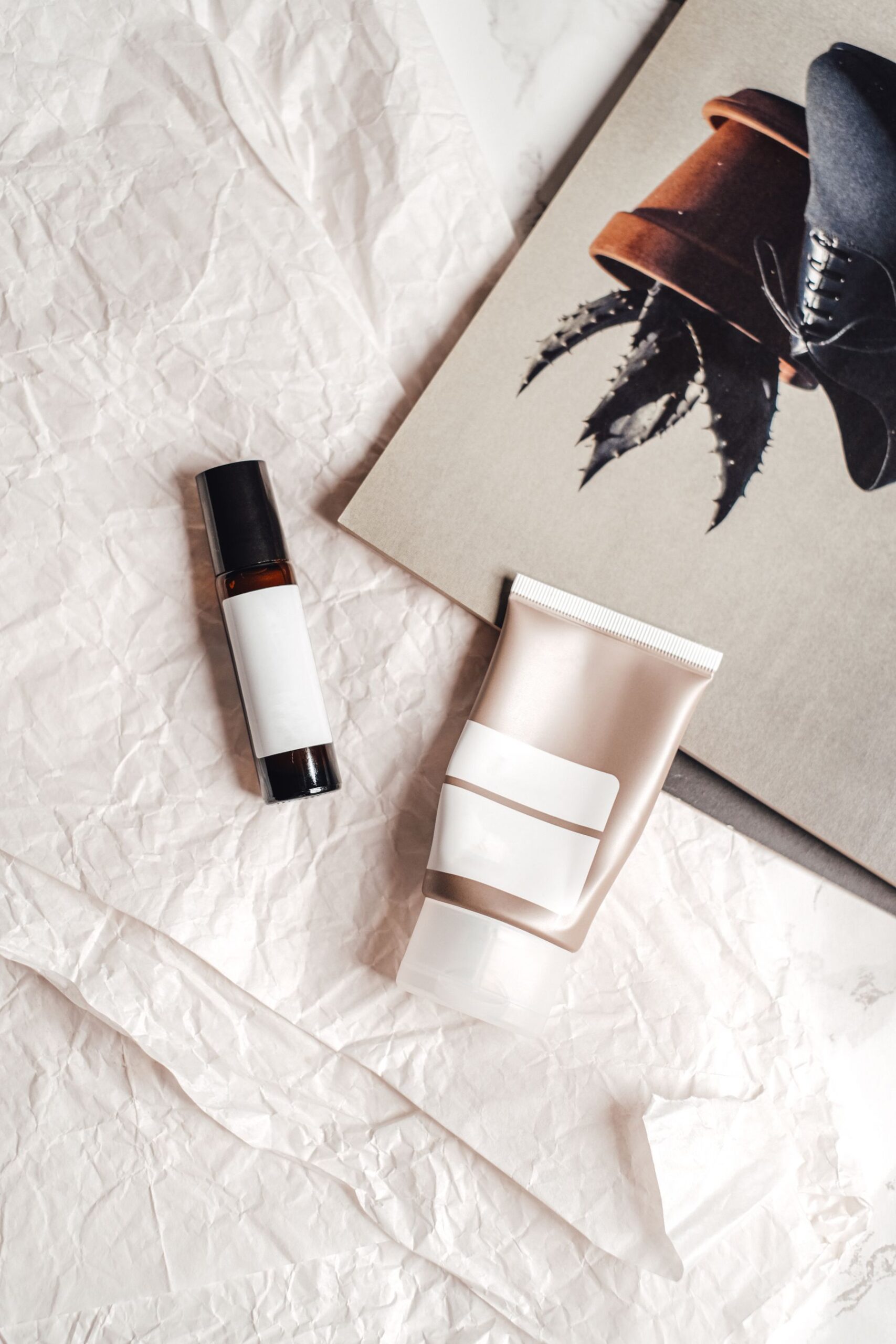Skincare bottles on white